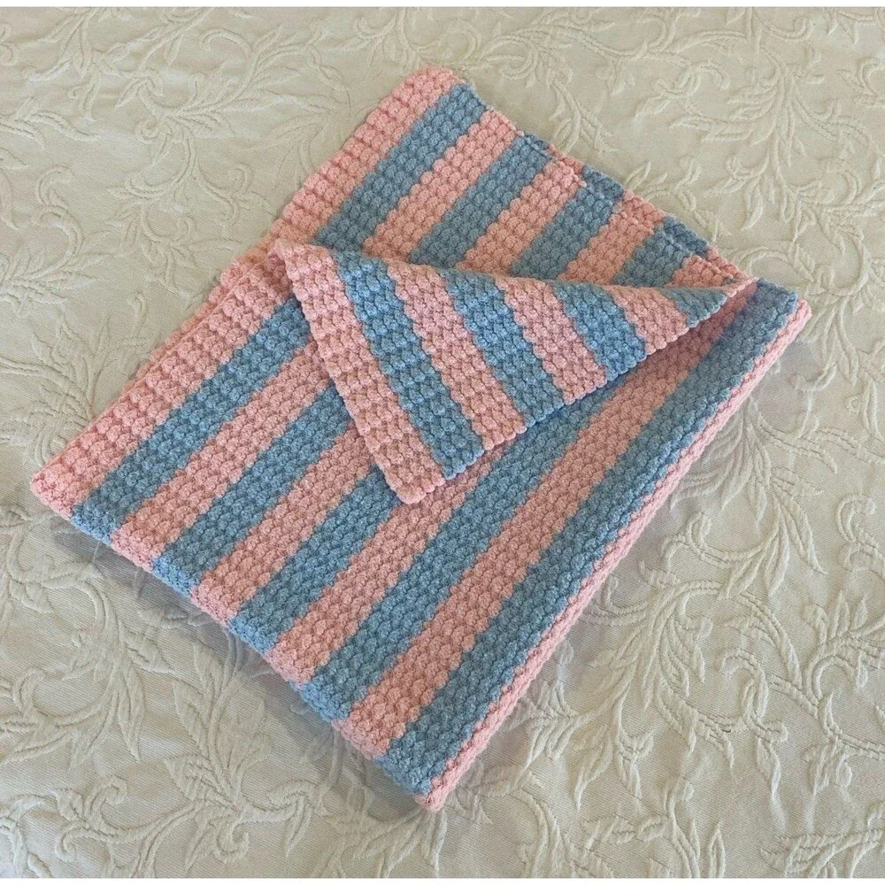 Vintage Handmade Crochet Baby‎ Afghan Pink Blue Stripes Shower Gift Christening